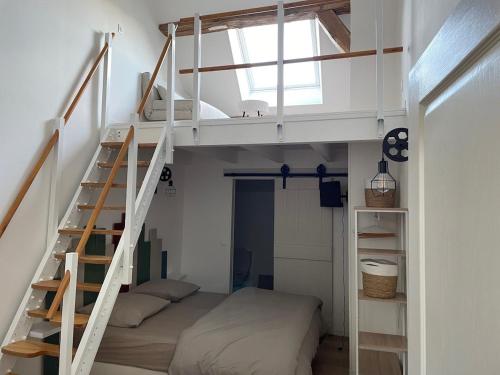 une chambre avec un lit superposé et une échelle dans l'établissement Le Nichoir des Lacs, au coeur du pays des Lacs, Jura, à Barésia-sur-lʼAin