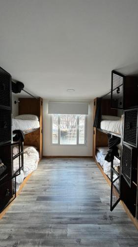 a room with two bunk beds and a window at Dormís Acá in Esquel