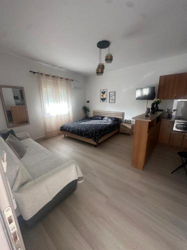 a large bedroom with a bed and a couch at Parthenis appartments in Pythagoreio