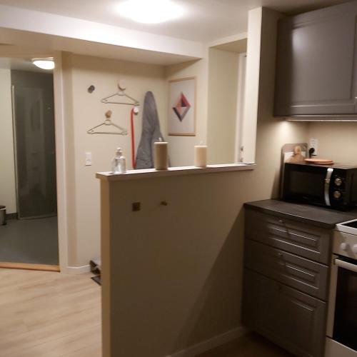 a kitchen with a microwave and a counter top at Experience unique Faroe Islands holiday home by the sea with great views, fully equipped kitchen and reliable Wi-Fi in Norðragøta