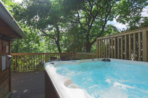 ChudleighにあるFern Gully Lodge with Hot Tub - Spa Resort - Devonの木々が茂るデッキのホットタブ