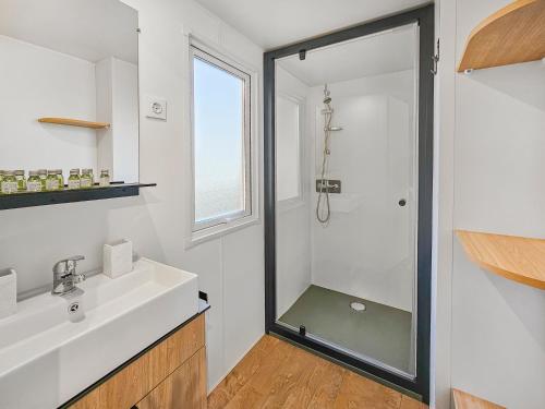 une salle de bain avec douche et lavabo dans l'établissement L'orchidée des bois, à Litteau