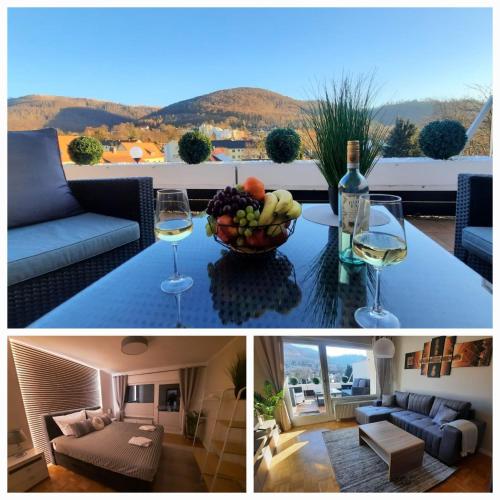 a collage of photos of a living room with a table with wine glasses at Bergliebe 6 mit großer Terrasse, Tiefgarage & Lift in Bad Harzburg