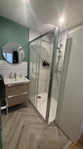 a bathroom with a shower and a sink and a mirror at La cachette audomaroise avec sa terrasse in Saint-Omer