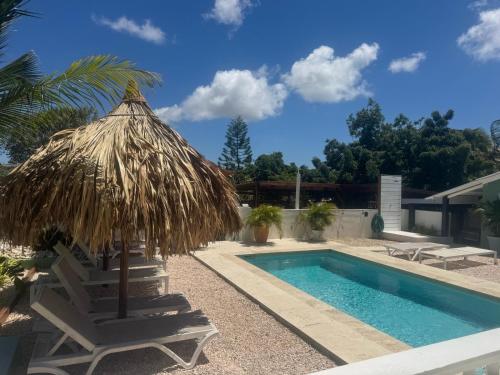 a resort with a pool and a straw umbrella at 4BlessingsCuracao1 in Willemstad