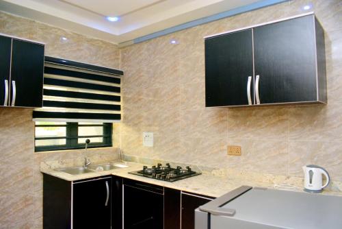 a kitchen with black cabinets and a sink at Ike Service Apartments in Owerri