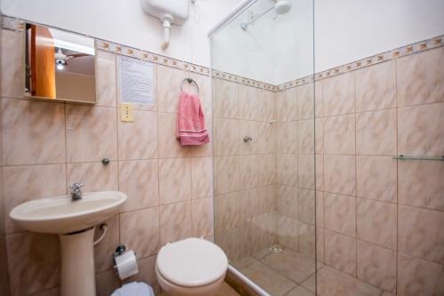 a bathroom with a shower and a toilet and a sink at Pousada Quatro Estações Paraty in Sertão do Taquari