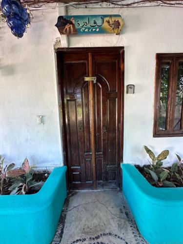 a door of a house with two plants in front at CABO BOHEMIA Tropical Garden Studios in Cabo San Lucas