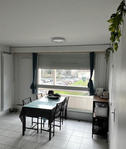 une cuisine avec une table et des chaises et une fenêtre dans l'établissement Chambre Villeurbanne Lyon, à Villeurbanne