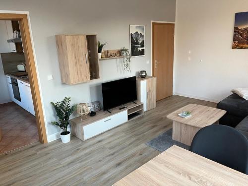 a living room with a couch and a flat screen tv at FeWo Blick zum Lulatsch in Chemnitz