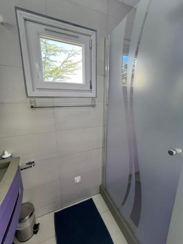 La salle de bains est pourvue d'une douche et d'une fenêtre. dans l'établissement Vue 180 degrés mer-colline, plages 100m, Piscine, Box , Domaine Coudoulière Six Four les Plages, à Six-Fours-les-Plages