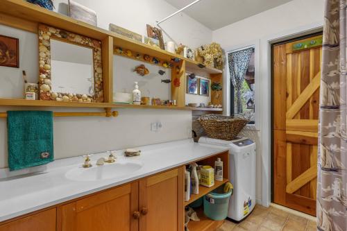 a bathroom with a sink and a refrigerator at Karearea Cottage - Rural Retreat Purau in Purau