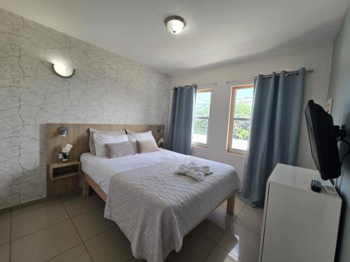 a bedroom with a bed and a window and a television at Bubali Residence in Palm-Eagle Beach