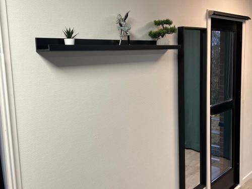 a shelf on a wall with plants and a mirror at GoodVibe House Billund by KIRIJA in Billund