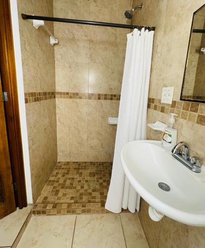 a bathroom with a sink and a shower at CABO BOHEMIA Tropical Garden Studios in Cabo San Lucas