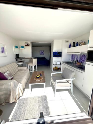 un salon avec un canapé et une table dans l'établissement Vue 180 degrés mer-colline, plages 100m, Piscine, Box , Domaine Coudoulière Six Four les Plages, à Six-Fours-les-Plages