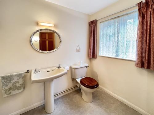 a bathroom with a toilet and a sink and a mirror at Wey House Withypool in Withypool