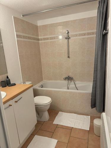 une salle de bain avec une baignoire, des toilettes et un lavabo dans l'établissement Appartement entre aéroport et promenade des anglais, à Nice
