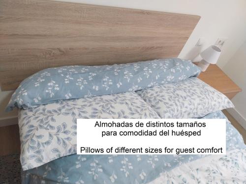 a bed with a blue and white comforter and a headboard at Habitación centro Bilbao zona artística in Bilbao