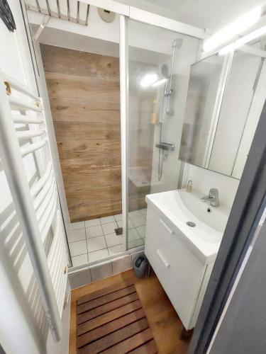 une petite salle de bain avec un lavabo et une douche dans l'établissement Appartement cosy à L'Alpe d'Huez 27 m² avec vue montagne, à L'Alpe-d'Huez