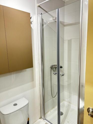 a shower with a glass door next to a toilet at Estudio Moderno Equipado - Centro Concepción, a pasos de la Estación in Concepción