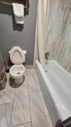 a bathroom with a toilet and a bath tub at Americas Best Value Inn Frost Bank Center in San Antonio
