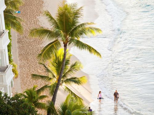 two people walking on a beach with a palm tree at First Cabin International Hawaii in Honolulu