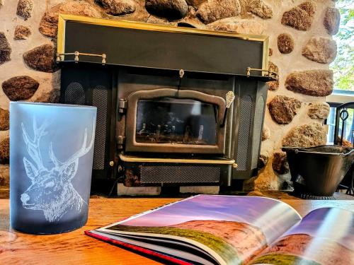 a book sitting on a table next to a fireplace at Le Chalet Suisse in Mont-Blanc