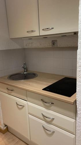 une cuisine avec un évier et un plan de travail dans l'établissement Grand Plongeon de la Piscine de notre Studio, à Canet