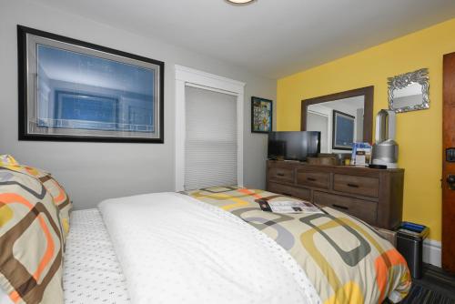 a bedroom with a bed and a dresser and a mirror at Berrodin Bed & Breakfast in Akron
