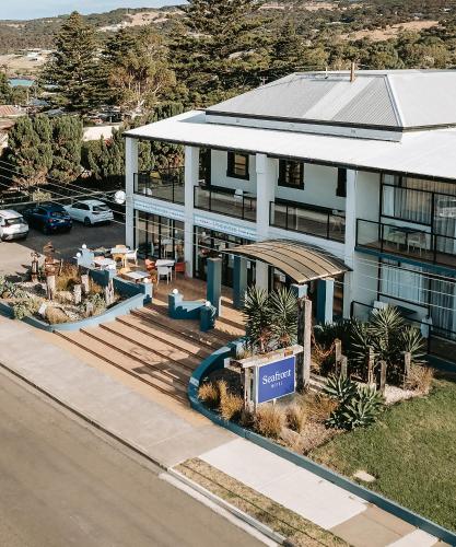 an aerial view of a building with a parking lot at Seafront Hotel Kangaroo Island in Penneshaw