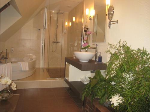a bathroom with a sink and a shower and a tub at Hotel Relais Saint Jean Troyes in Troyes