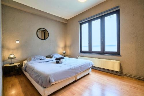 une chambre avec un grand lit et une grande fenêtre dans l'établissement Le nid lillois, à Lille