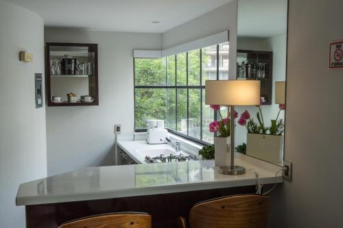 Una cocina con encimera con fregadero y ventana. en FlowSuites Polanco, en Ciudad de México