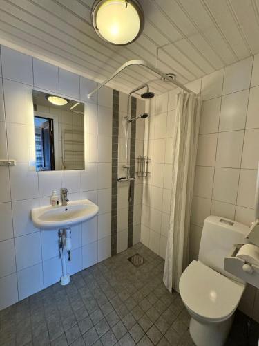 a bathroom with a sink and a toilet and a shower at Lullens Stugby - Lägenhetshuset 6-9 in Bruksvallarna