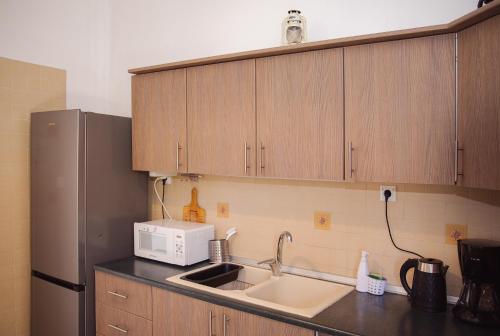 a kitchen with a sink and a refrigerator at Ipsipili Villa with sea views and private garden in Possidi