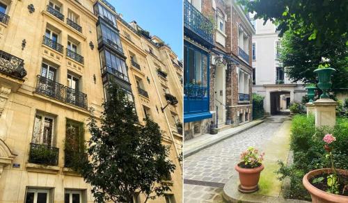 deux photos d'une rue avec un bâtiment dans l'établissement Belle chambre Rive Gauche, à Paris
