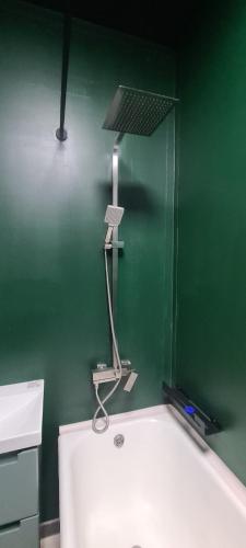 a green bathroom with a light on the wall at Opera in Bishkek