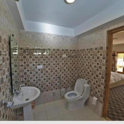 a bathroom with a toilet and a sink at yangphel house in Leh
