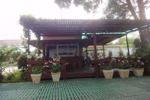 a wooden pergola with potted plants on a patio at Coconut Home Resort in Damnoen Saduak