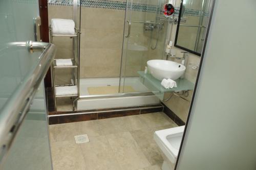 a bathroom with a shower and a sink and a toilet at Igongo Country Hotel & Cultural Centre in Kyabinunga