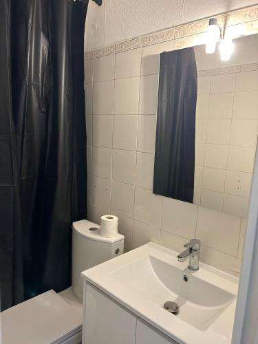 une salle de bain avec un lavabo, des toilettes et un miroir dans l'établissement Foch 3-Studio-Beziers center -wifi -tv connected, à Béziers