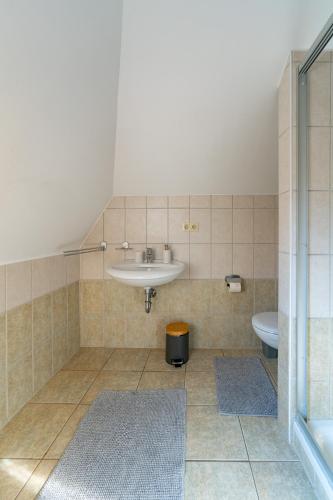 a bathroom with a sink and a toilet at Ferienwohnung Haus am Seeufer in Waren