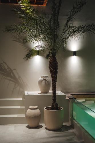 two vases and a palm tree in a room at Sore Escape Tumbak Bayuh by Betterplace in Tumbak Bayuh