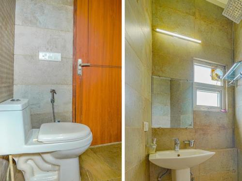 two pictures of a bathroom with a toilet and a sink at Hotel 24x7 Inn Jalandhar in Jalandhar