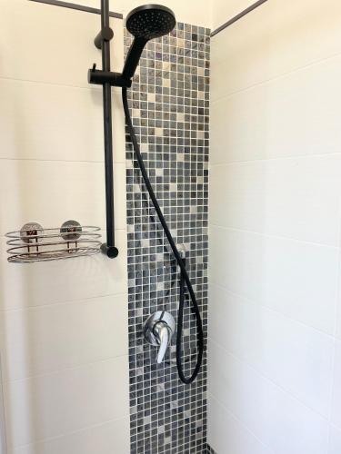 a shower with a black shower head in a bathroom at Mistral Apartment in Olmedo