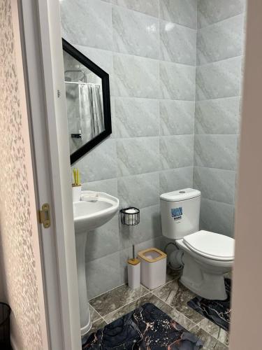 a bathroom with a toilet and a sink at Arbat Toktogul Hotel in Toktogul