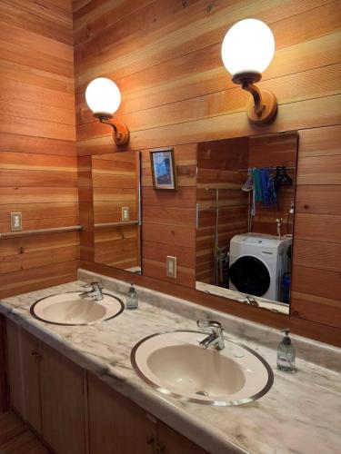two sinks in a bathroom with wooden walls and lights at 15名可屋外サウナ屋内サウナ屋根付きバーベキュー in Wada