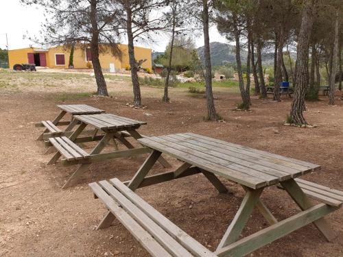 three wooden picnic tables in a park with trees at Complejo Rural Las Lomas de Biar in Biar