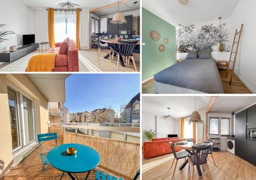 eine Collage mit Fotos von einem Wohnzimmer und einer Küche in der Unterkunft Saint-Louis - Cozy Apartment Close to Switzerland & Train Station in Saint-Louis